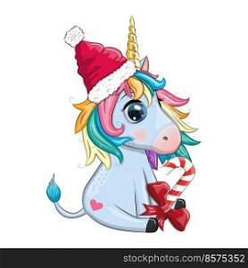 Cute cartoon unicorn in santa hat with gift, christmas ball, candy kane. New Year and Christmas holiday.. Cute cartoon unicorn in santa hat with gift, christmas ball, candy kane. New Year and Christmas holiday