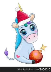 Cute cartoon unicorn in santa hat with gift, christmas ball, candy kane. New Year and Christmas holiday.. Cute cartoon unicorn in santa hat with gift, christmas ball, candy kane. New Year and Christmas holiday