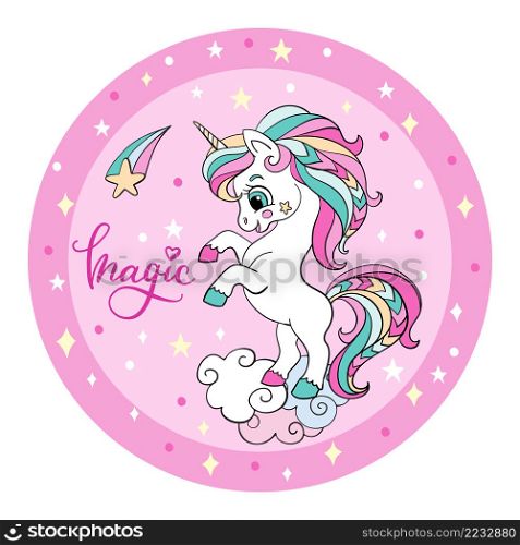 Cute cartoon unicorn on a rainbow on pink circle background. Vector illustration circle shape on a background. For party, print, baby shower, design, decor, dishes, bed linen and kids apparel. Cute unicorn on the rainbow pink circle
