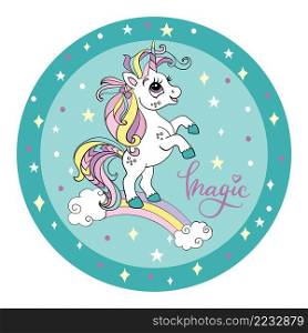 Cute cartoon unicorn on a rainbow on turquoise circle background. Vector illustration circle shape background. For party, print, baby shower, design, decor, dishes, bed linen and kids apparel. Cute unicorn on the rainbow circle turquoise