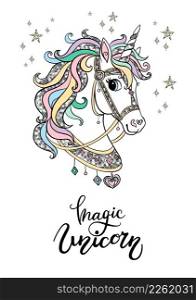Cute cartoon unicorn portrait with silver sparkle main, stars and rainbow on white background. Magic unicorn - lettering quote. Poster, stickers, design and decor print. Vector illustration.. Cute unicorn with silver sparkle mane portrait on white background