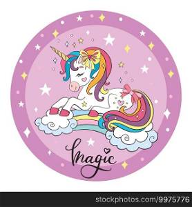 Cute cartoon unicorn slipping on a rainbow. Vector illustration circle shape isolated on pink background. Birthday, party concept. For sticker, embroidery, design, decoration, print, t-shirt, dishes. Cute cartoon unicorn vector illustration circle pink