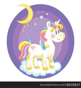 Cute cartoon unicorn standing on a cloud in night. Vector illustration isolated on white background. Birthday, party concept. For sticker, embroidery, design, decoration, print, t-shirt, packaging. Vector unicorn cute character on cloud at night
