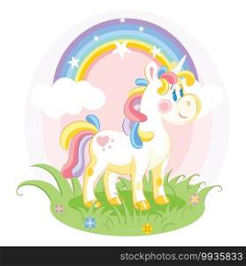 Cute cartoon unicorn standing on a grass. Vector illustration isolated on white background. Birthday, party concept. For sticker, embroidery, design, decoration, print, t-shirt, dishes, packaging. Vector unicorn cute character standing on grass