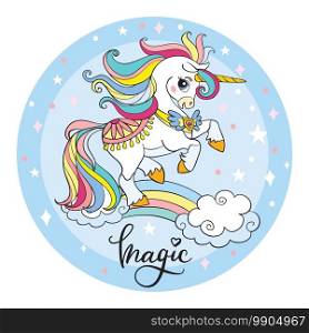 Cute cartoon unicorn standing on a rainbow. Vector illustration circle shape isolated on white background. Birthday, party concept. For sticker, embroidery, design, decoration, print, t-shirt, dishes. Cute cartoon unicorn vector illustration circle blue