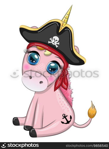 Cute cartoon unicorn wearing a pirate hat and eye patch. Summer, sea, palm trees, beach. Cute cartoon unicorn wearing a pirate hat and eye patch. Summer, sea, palm, beach