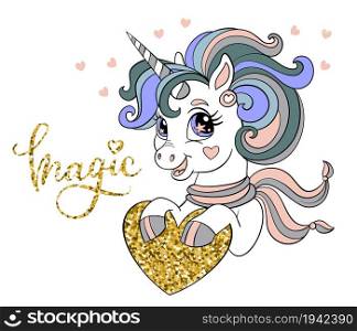 Cute cartoon unicorn with a heart and text Magic. Vector llustration in trendy colors and gold isolated on white. For sticker, design, decoration, print, baby shower, t-shirt, dishes and kids apparel. Cute cartoon unicorn vector illustration with golden