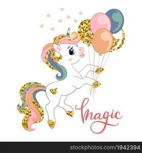 Cute cartoon unicorn with balloons and text Magic. Vector llustration golden and trendy colors isolated on white. For sticker, design, decoration, print, baby shower, t-shirt, dishes and kids apparel