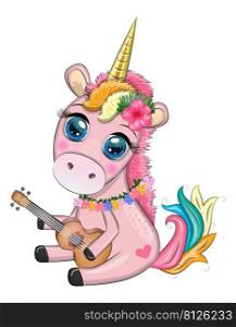 Cute Cartoon Unicorn with colorful hair is playing ukulele guitar, love for music. Cute Cartoon Unicorn with colorful hair is playing guitar