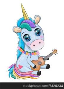 Cute Cartoon Unicorn with colorful hair is playing ukulele guitar, love for music. Cute Cartoon Unicorn with colorful hair is playing guitar