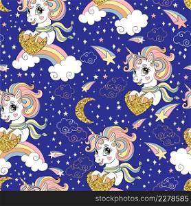 Cute cartoon unicorn with golden sparkle heart and cosmic elements on blue background. Seamless pattern. For print, wrapping paper, linen, design and decor. Vector illustration.. Seamless pattern cute unicorn with golden heart and stars