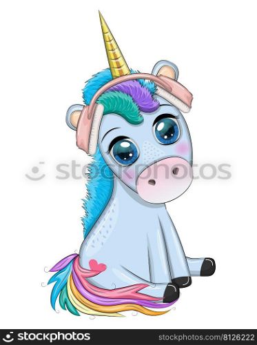 Cute Cartoon Unicorn with headphones, love for music. Cute Cartoon Unicorn with headphones on a blue background