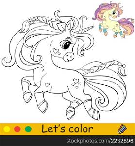 Cute cartoon unicorn with long mane and tale. Coloring book page with color template. Vector cartoon illustration. For kids coloring, card, print, design, decor and puzzle.. Coloring and template cute unicorn vector illustration