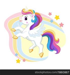 Cute cartoon unicorn with long mane and wings on a rainbow background with stars. Vector isolated illustration. For postcard, posters, nursery design,card,stickers, decor, party, nursery, kids apparel. Cute cartoon unicorn with wings vector illustration