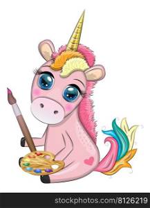 Cute cartoon unicorn with paint palette and paintbrush, artist profession. Cute cartoon unicorn with paint palette and paintbrush, artist profession.
