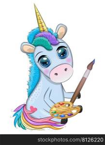 Cute cartoon unicorn with paint palette and paintbrush, artist profession. Cute cartoon unicorn with paint palette and paintbrush, artist profession.