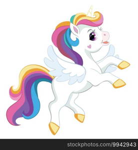 Cute cartoon unicorn with rainbow mane and wings. Vector isolated illustration. For postcard, posters, nursery design, greeting card,stickers,room decor, party, nursery t-shirt,kids apparel,invitation. Cute cartoon unicorn with wings vector illustration