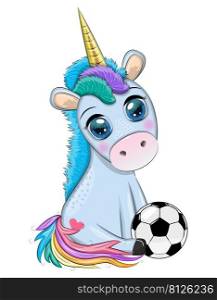 Cute cartoon unicorn with soccer ball, summer, kids games, club.. Cute cartoon unicorn with soccer ball, summer, kids games, club