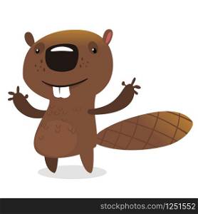 Cute cartoon vector beaver waving with his hands. Fluffy beaver character with big teeth presenting. Brown beaver mascot