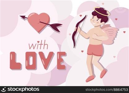 Cute cartoon vector greeting card with little Cupid and lettering. Saint Valentine s Day concept. Little boy with wings and halo shoots at the heart from the bow in pink clouds.. Cute cartoon vector greeting poster with little Cupid. Love is in the air lettering. Valentine Day concept. Angel shoots at the heart from the bow in pink clouds.