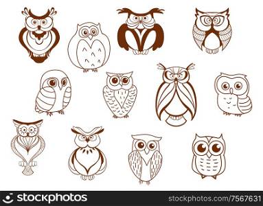 Cute cartoon vector owl characters showing different species with different feathers and plumage, mostly line drawings