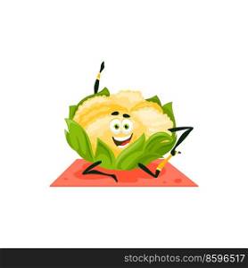 Cute cartoon vegetable cauliflower cabbage on fitness yoga sport workout isolated vegetable mascot. Vector happy veggie doing exercises trainings, kids food emblem, healthy way of life cute kawaii. Cauliflower cabbage cartoon character fitness yoga