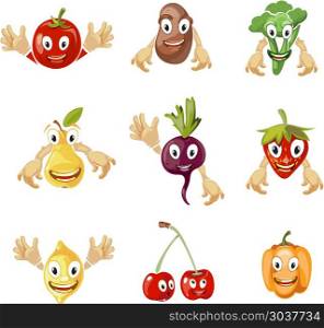 Cute cartoon vegetables and fruit vector collection in comic style. Cute cartoon vegetables and fruit vector collection in comic style. Fruit comic characters and vegetable cartoon, sweet fruit and vegetable with face illustration