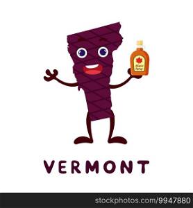Cute cartoon Vermont state character clipart. Illustrated map of state of Vermont of USA with state name. Funny character design for kids game, sticker, cards, poster. Vector stock illustration.