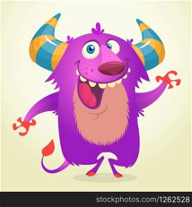 Cute cartoon violet horned and fluffy troll or gremlin smiling. Halloween vector illustration