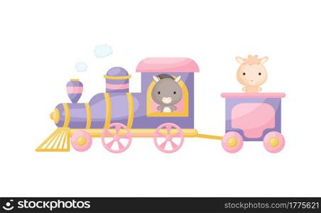 Cute cartoon violet train with donkey driver and alpaca on waggon on white background. Design for childrens book, greeting card, baby shower, party invitation, wall decor. Vector illustration.