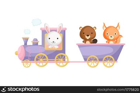 Cute cartoon violet train with hare driver and beaver, squirrel on waggon on white background. Design for childrens book, greeting card, baby shower, party invitation, wall decor. Vector illustration.