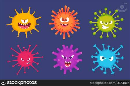 Cute cartoon viruses. Bacteria emotional faces scared emoticons devil toys biology colorful virus exact vector illustrations. Character virus cartoon, bacteria funny colore. Cute cartoon viruses. Bacteria emotional faces scared emoticons devil toys biology colorful virus exact vector illustrations