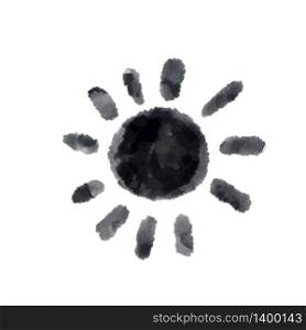Cute cartoon watercolor imitation drawing sun . Vector black and white symbol. Isolated hand drawn monochrome doodle icon on white background.. Cute cartoon drawing sun . Vector black and white symbol. Isolated hand drawn monochrome doodle icon on white background.