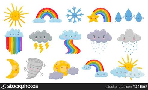 Cute cartoon weather. Happy hot sun, rainbow over clouds and funny snowflake. Snowly and rainy cloud, sleeping moon and angry hurricane vector illustration set. Rainbow and hot sun, rain and star. Cute cartoon weather. Happy hot sun, rainbow over clouds and funny snowflake. Snowly and rainy cloud, sleeping moon and angry hurricane vector illustration set