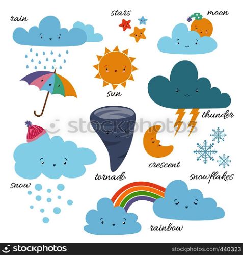 Cute cartoon weather icons. Forecast meteorology vector vocabulary symbols. Sun and cloud, rain and snowflake illustration. Cute cartoon weather icons. Forecast meteorology vector vocabulary symbols