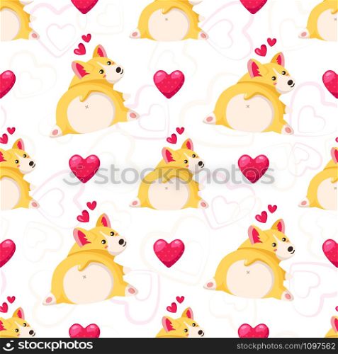 Cute cartoon Welsh Corgi Terrier puppy - Valentine Day seamless pattern, kawaii dog or animal, pink hearts om white - vector romantic background, endless texture for wrapping, textile, fabric print. Valentine Day card - cartoon