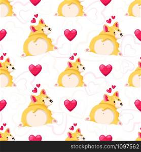 Cute cartoon Welsh Corgi Terrier puppy - Valentine Day seamless pattern, kawaii dog or animal, pink hearts om white - vector romantic background, endless texture for wrapping, textile, fabric print. Valentine Day card - cartoon