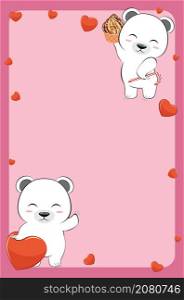 Cute cartoon white bear couple in love with hearts and sweets illustration.