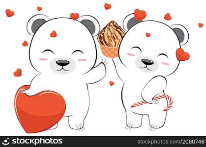 Cute cartoon white bear couple in love with hearts illustration.