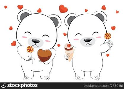 Cute cartoon white bear couple in love with hearts illustration.