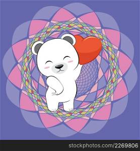 Cute cartoon white bear with hearts greeting card illustration.