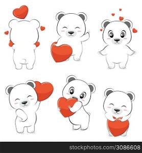 Cute cartoon white bears with red heart illustration.