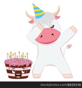 Cute cartoon white bull with chocolate cake illustration.