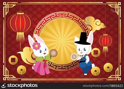 Cute cartoon white bunny couple wears traditional Korean costume Hanbok for Chuseok, Mid Autumn Festival greeting.