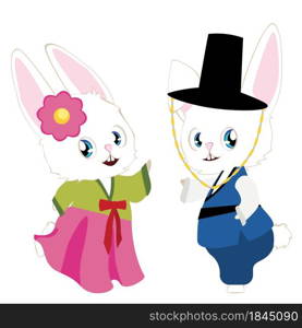 Cute cartoon white bunny couple wears traditional Korean costume Hanbok for Chuseok, Mid Autumn Festival.