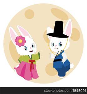 Cute cartoon white bunny couple wears traditional Korean costume Hanbok for Chuseok, Mid Autumn Festival.