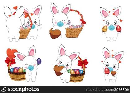 Cute cartoon white bunny, rabbit in face mask set with colorful Easter eggs illustration.