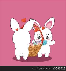 Cute cartoon white bunny, rabbit in face mask with colorful Easter eggs greeting card illustration.