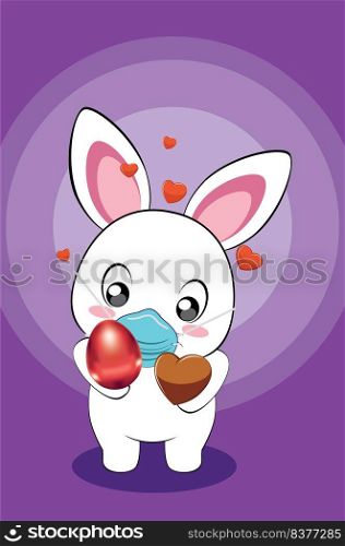 Cute cartoon white bunny, rabbit in face mask with colorful Easter eggs greeting card illustration.