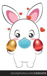 Cute cartoon white bunny, rabbit in face mask with colorful Easter eggs illustration.